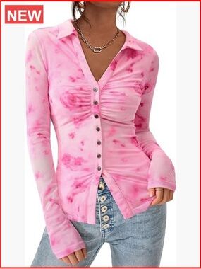 Long Sleeve V-Neck Mesh Button Down Floral Blouse Top